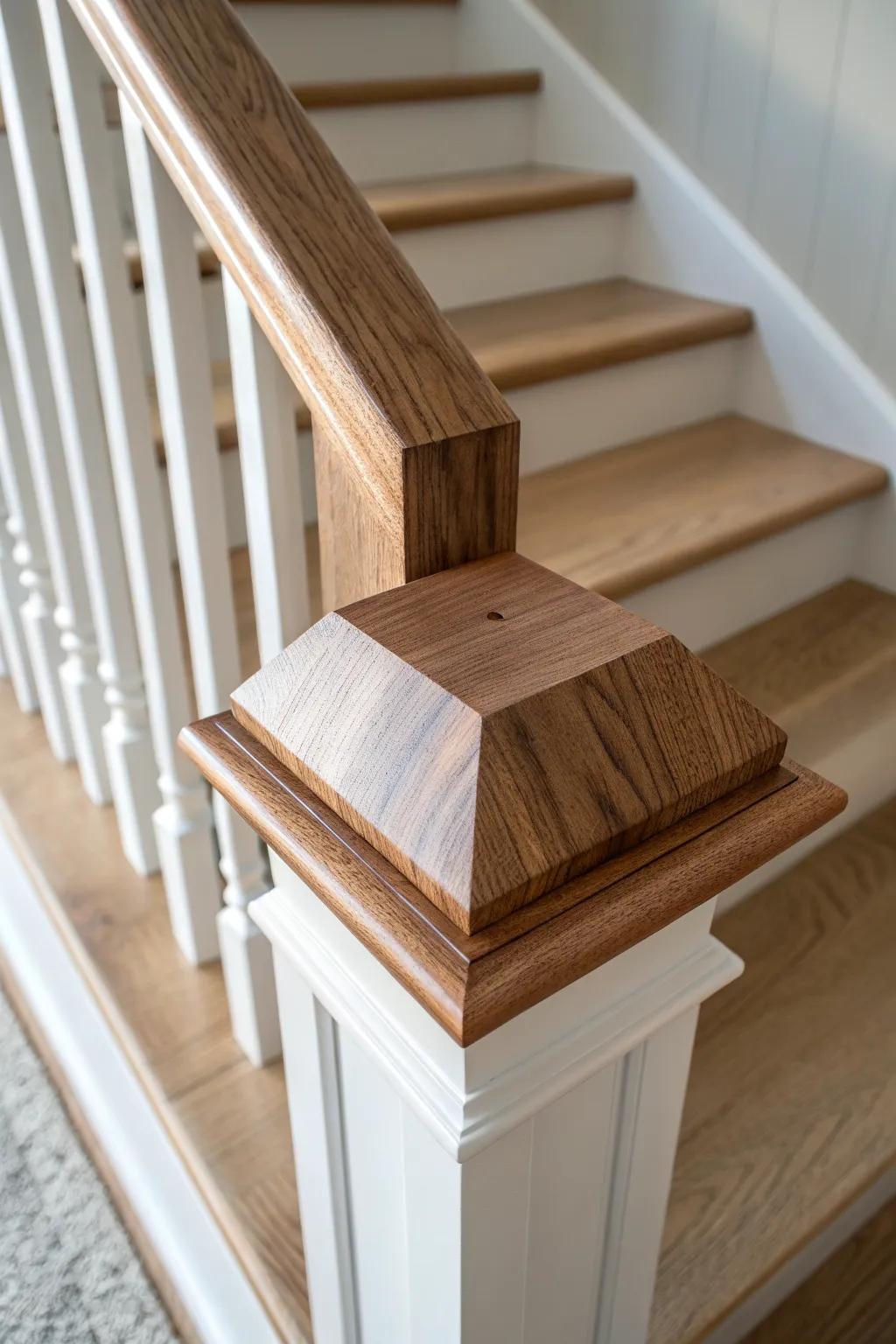 Painted post, stained wood cap—an elegant contrast that ties your handrail together beautifully.