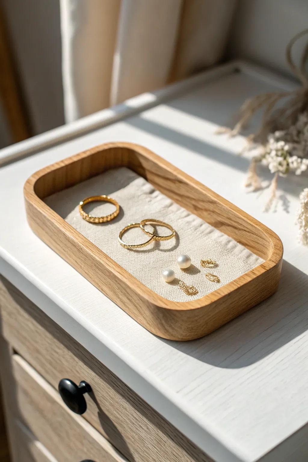 Handcrafted shallow oak tray keeps rings and earrings from scratching drawers; pretty and practical.
