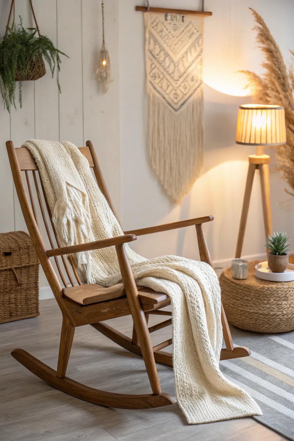 A handcrafted oak rocker makes one nursery corner feel like a cozy place to read and nurse.