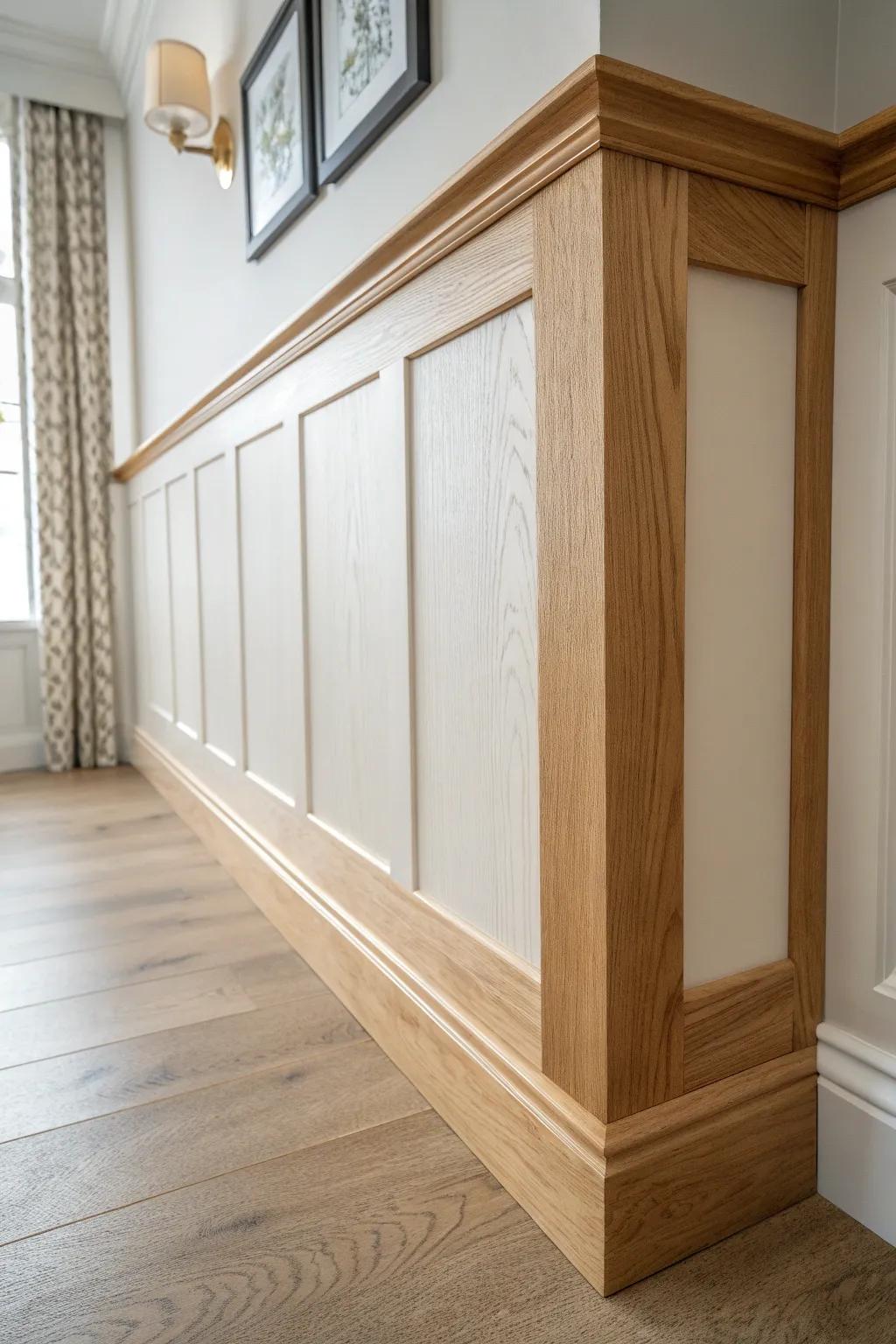 Two-tone oak wainscoting: soft painted panels with a natural clear-finished cap rail.