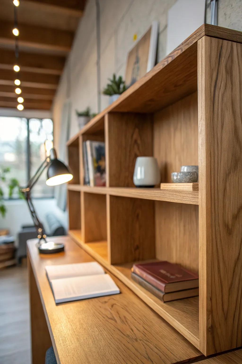 Layered cabin lighting: warm under-shelf glow that makes oak grain look magical at night.