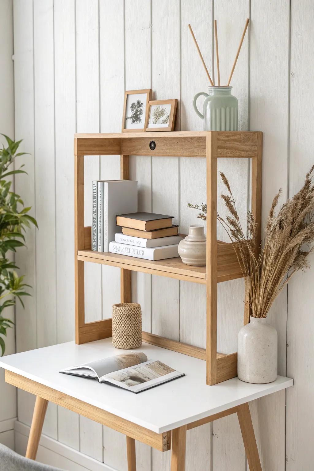 A slim floating shelf above the desk keeps books handy and adds soft, lived‑in charm.