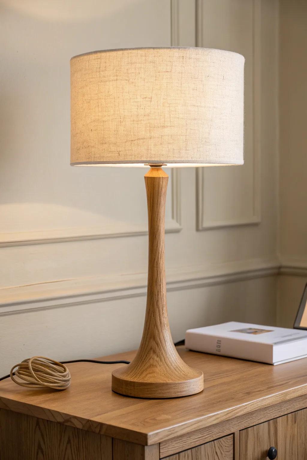 A warm-glow desk lamp with a wood base for instantly cozy, minimalist office decor.