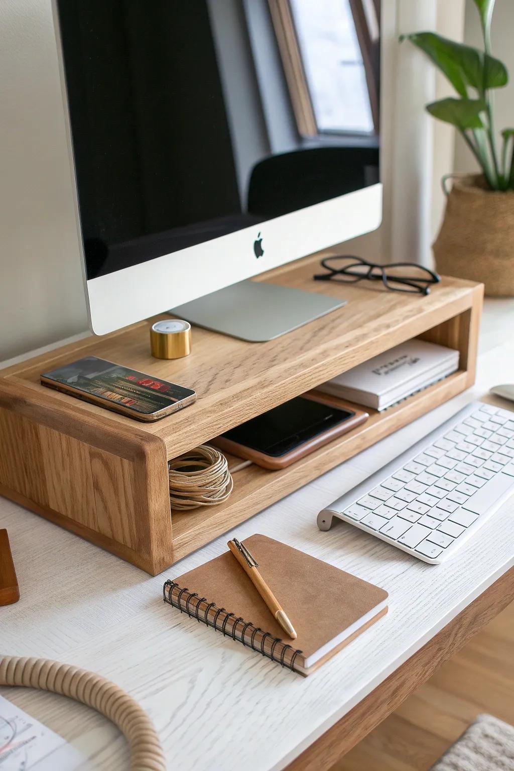Light oak monitor riser with a hidden cubby—simple, warm, and beautifully practical.