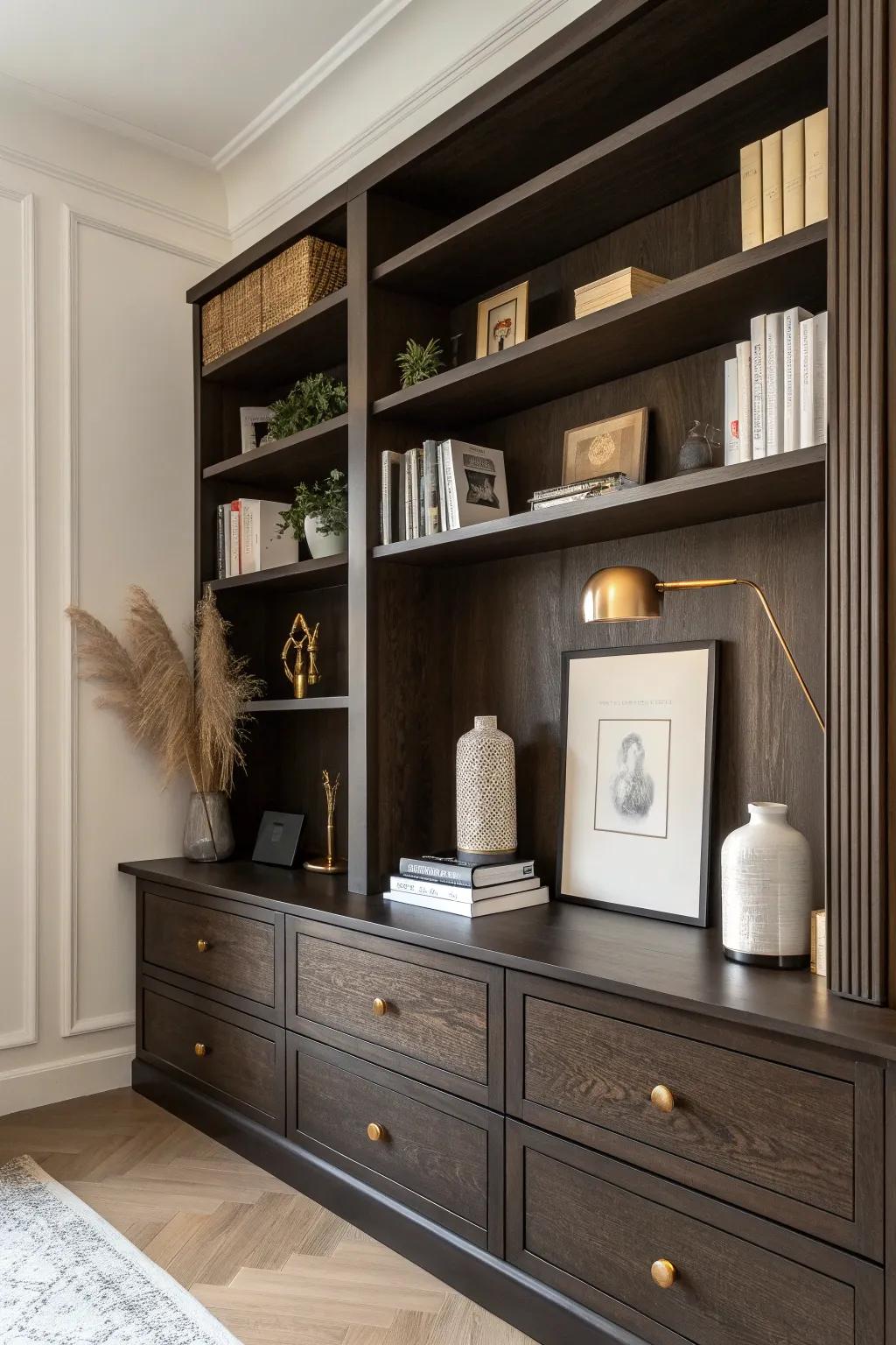 Moody dark-stained shelves and trim that make books feel like decor—cozy, focused, and chic.