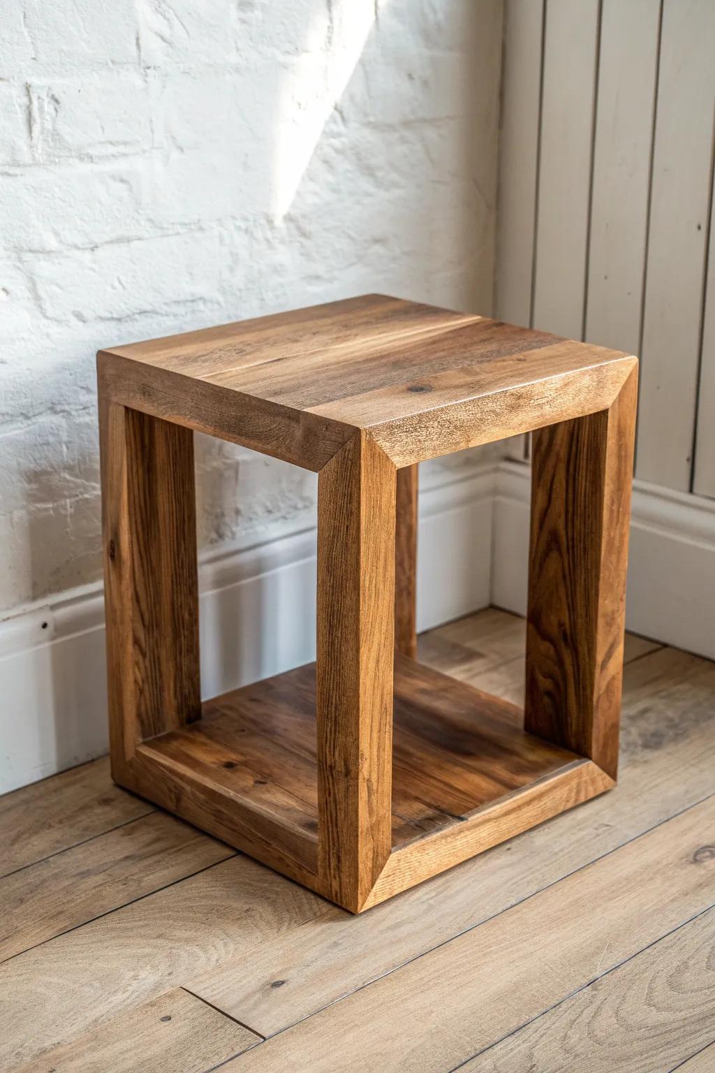 A compact hardwood cube side table—beautifully simple, always within reach for coffee and keys.