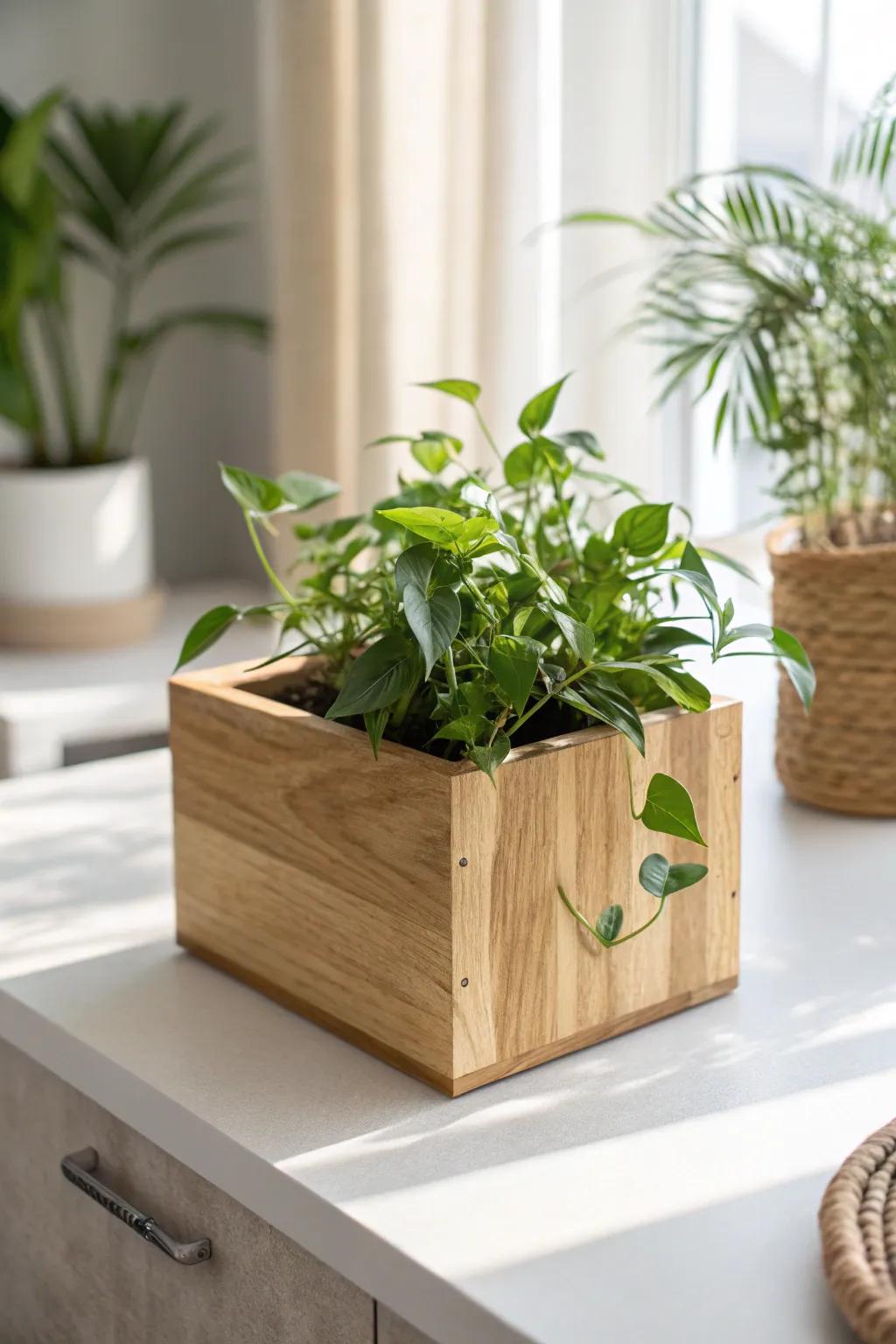 Freshen your workspace with a handcrafted wood planter—simple, warm, and full of green.
