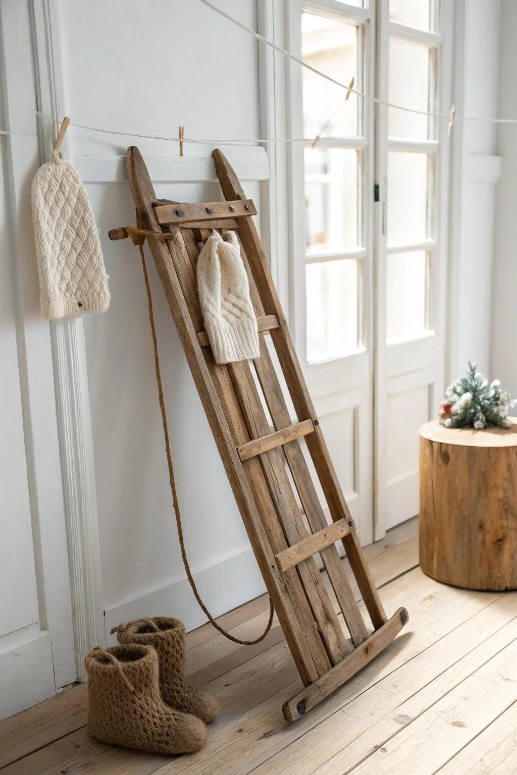 Knit mittens clipped like laundry day—cozy, charming sled décor with simple Nordic warmth.