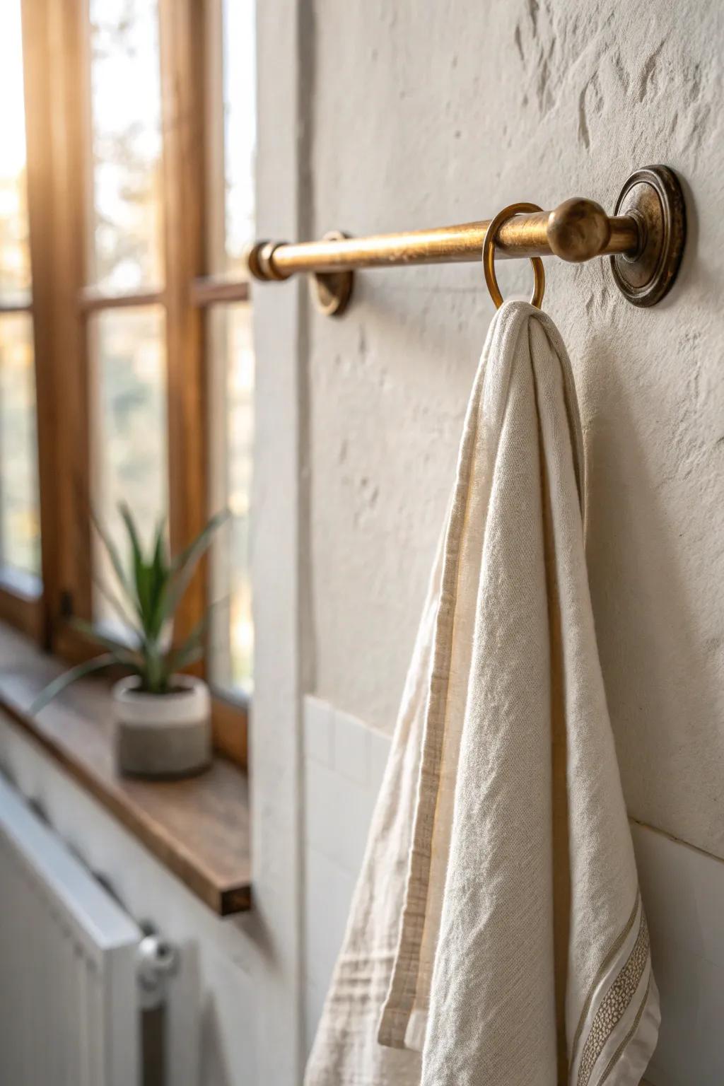 Warm aged brass rail with linen towel—an instant old-kitchen mood, minimal and beautifully crafted.