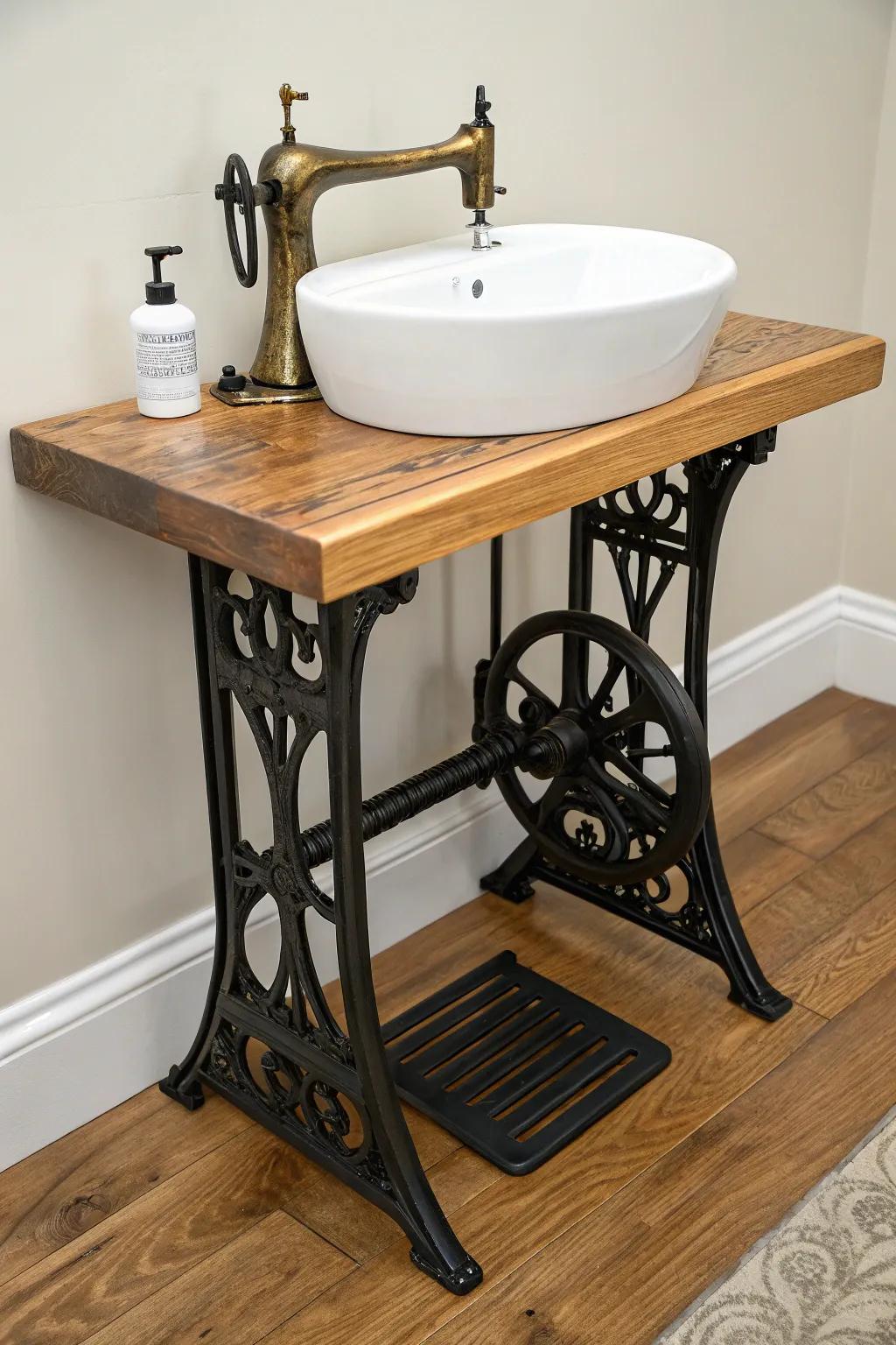 Vintage sewing machine base turned vanity—sealed wood top, crisp vessel sink, timeless charm.