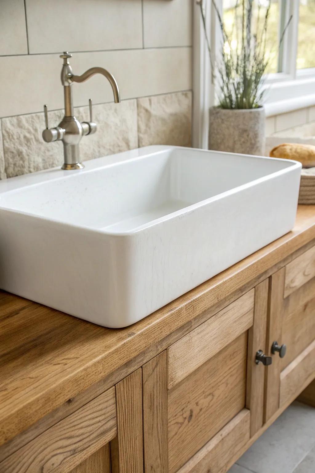 A deep apron-front sink on a sturdy oak frame—simple, timeless, and beautifully old-world.