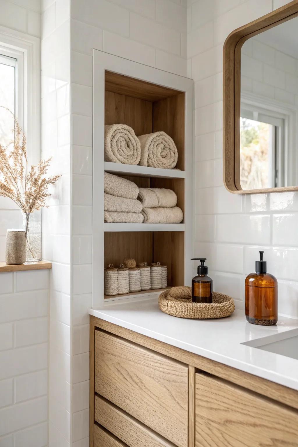 Recessed open niche beside the vanity—oak-trimmed storage for towels and jars, beautifully built-in.