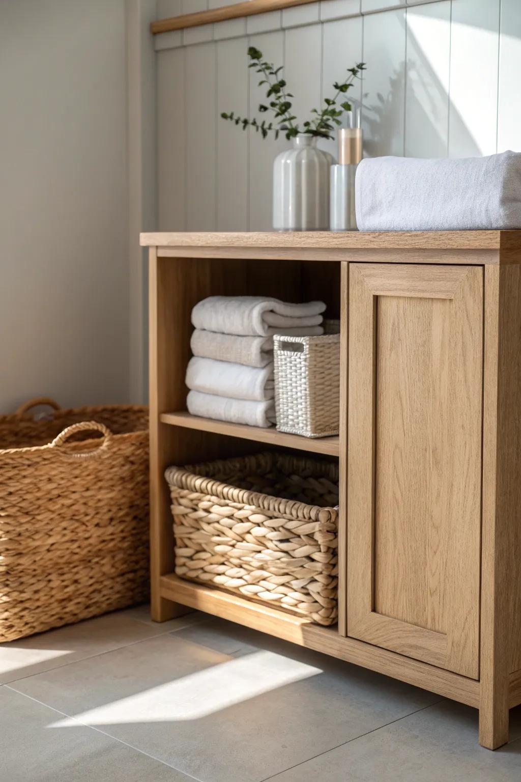 Open base cabinet + woven basket: tidy storage with warm Scandinavian simplicity.