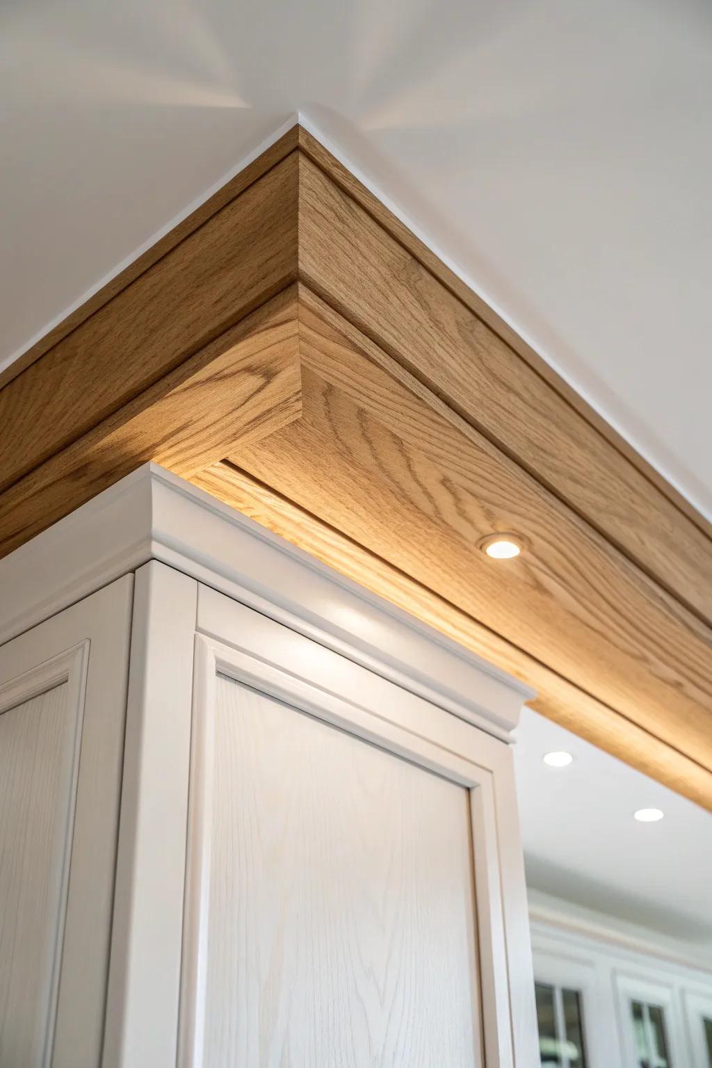 Skip the soffits—add warm oak ceiling trim for a cleaner, taller-looking kitchen.