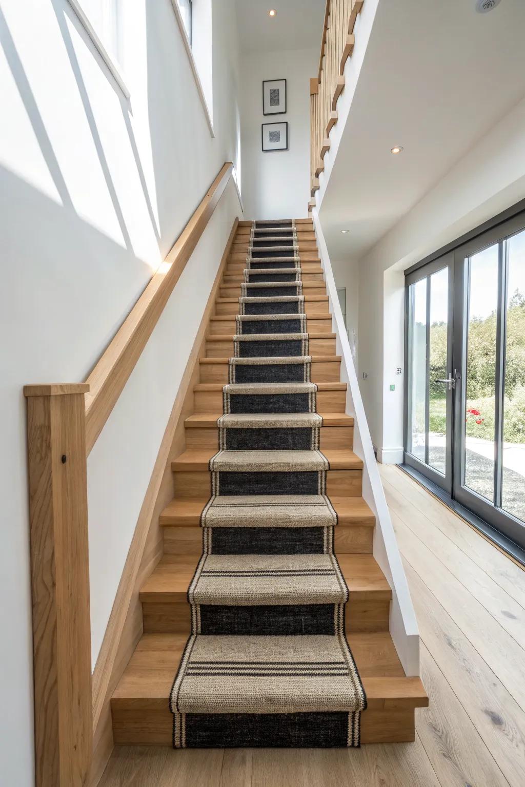 Deep charcoal runner on light oak open treads for a dramatic, floating staircase look.