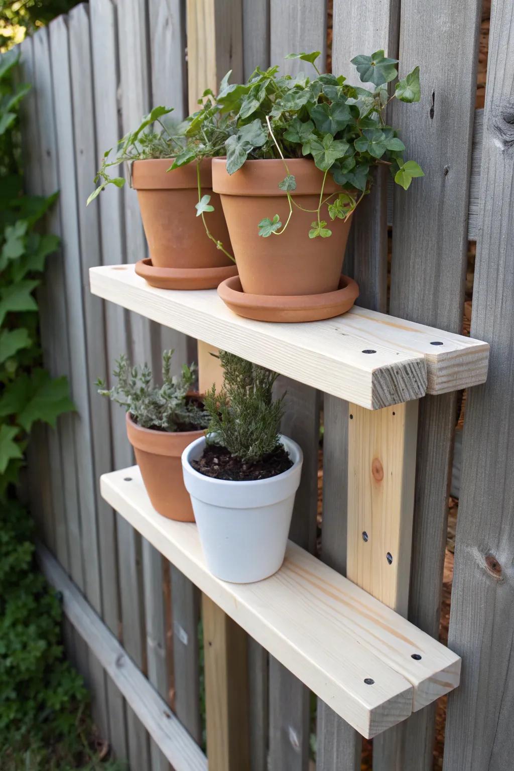 A slim fence-mounted wooden ledge that displays pots like art—compact, weather-ready, beautiful.