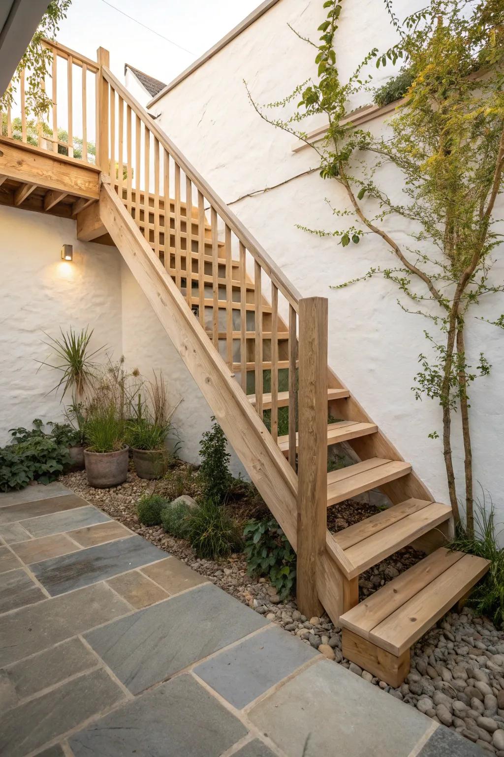 Airy open-riser outdoor stairs that let light and greenery flow through your small yard.