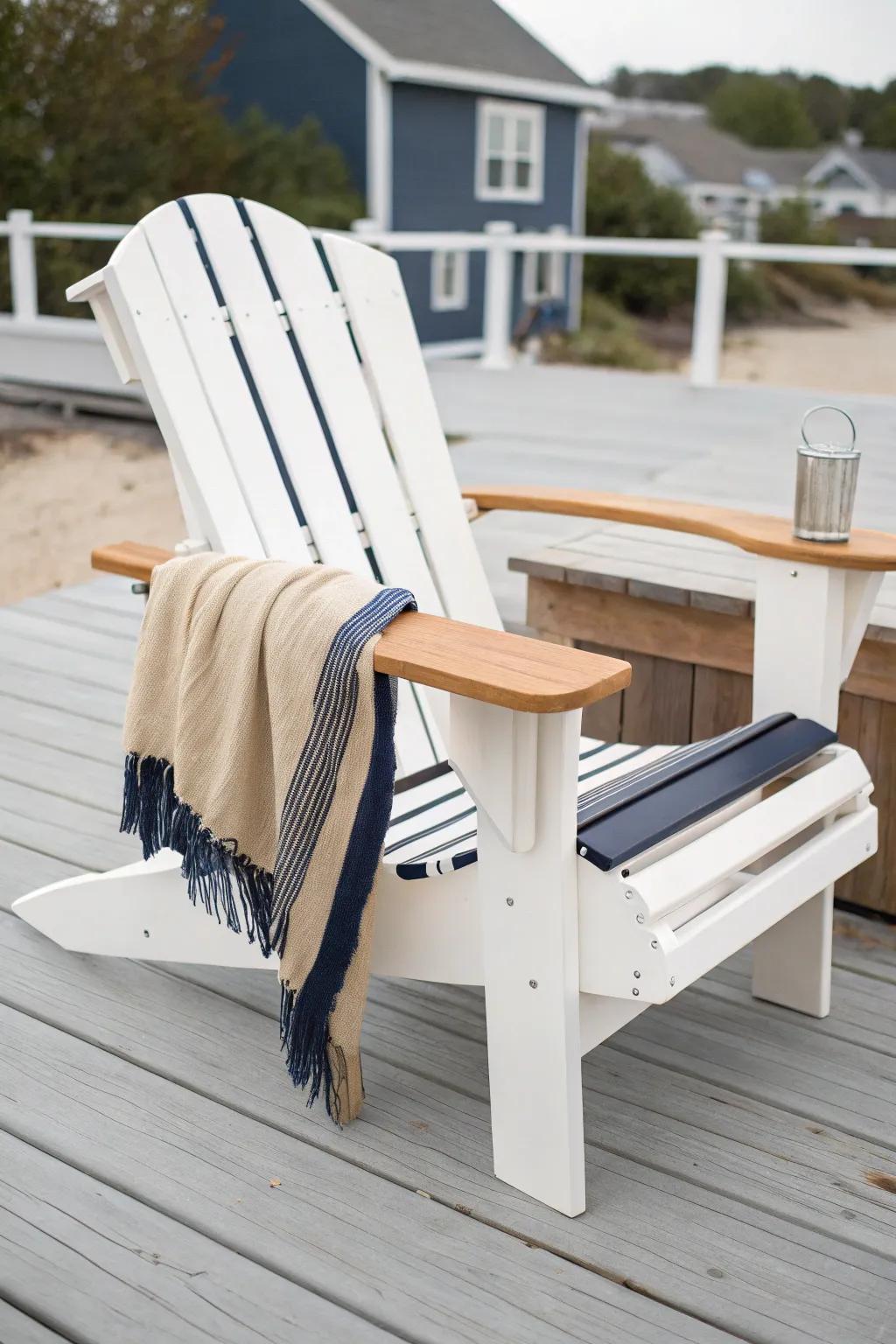 Crisp navy stripes on the back slats make this painted Adirondack chair a coastal statement.
