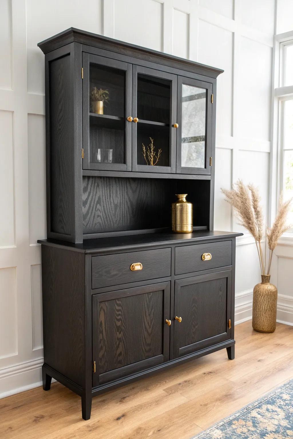 Matte black buffet + hutch with warm brass pulls—modern farmhouse mood, cozy and bold.