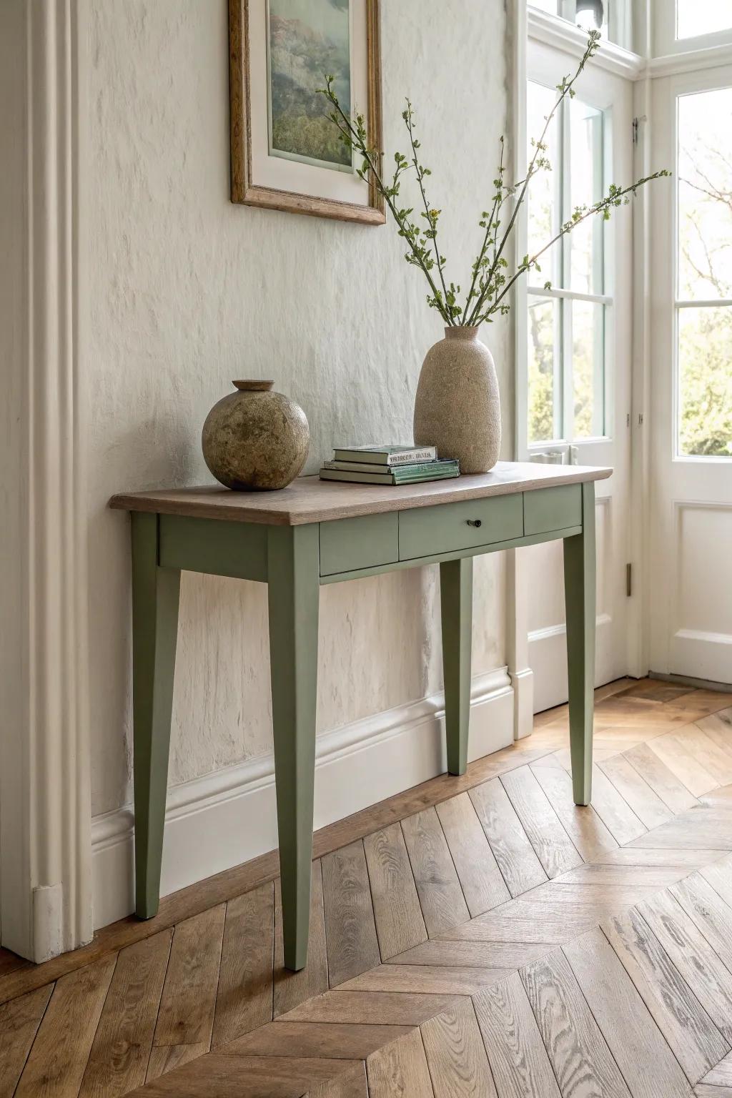 Sage green console table + stoneware vase—an effortless, calming entryway moment.