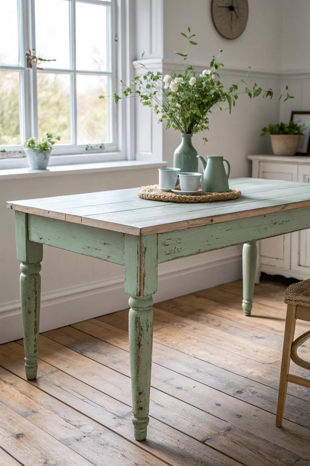 Matte sage-green dining table: calm, organic, and forgiving—perfect for a fresh, lived-in look.