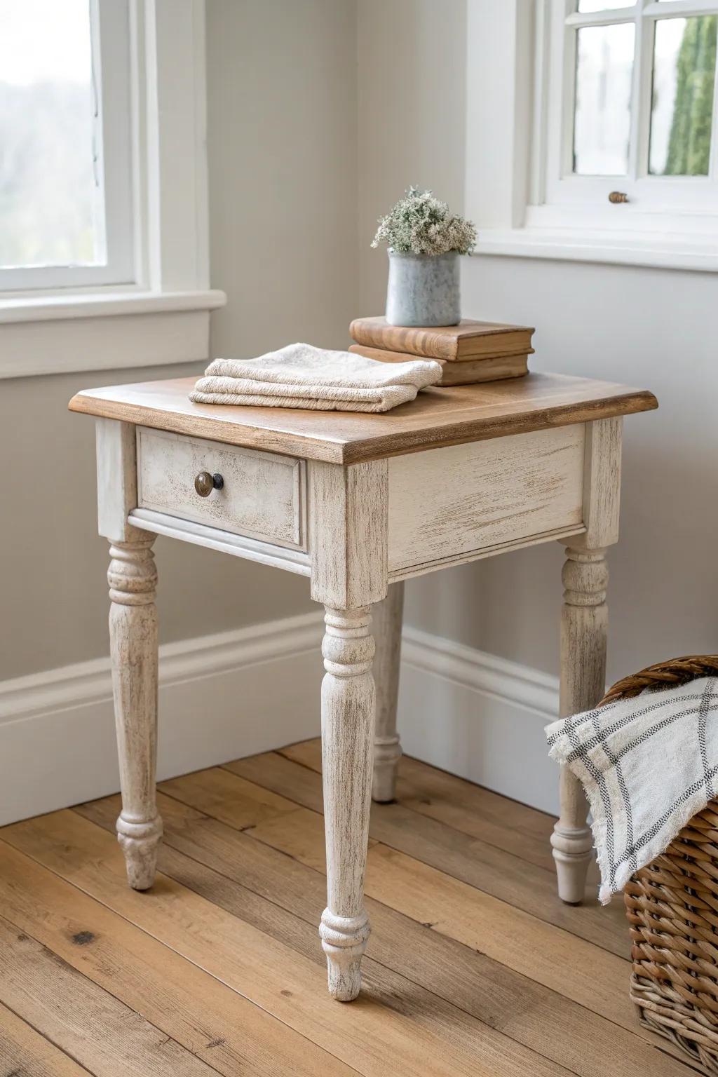 Distressed cottage charm: a softly sanded, painted end table that looks perfectly lived-in.