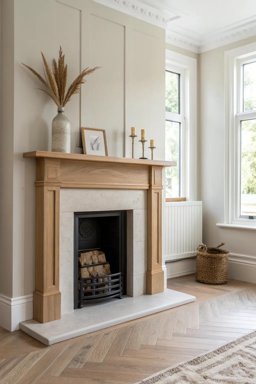 Two-tone fireplace: matte painted surround paired with a natural oak mantel for crisp contrast.