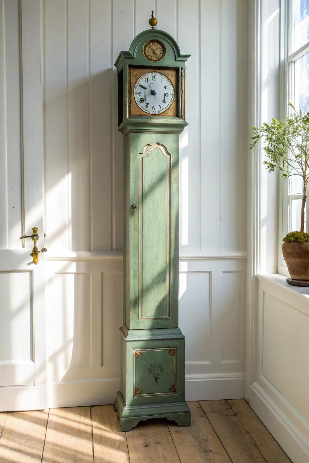 Sage green grandfather clock with a deeper base—minimal, grounded, and timelessly cozy.