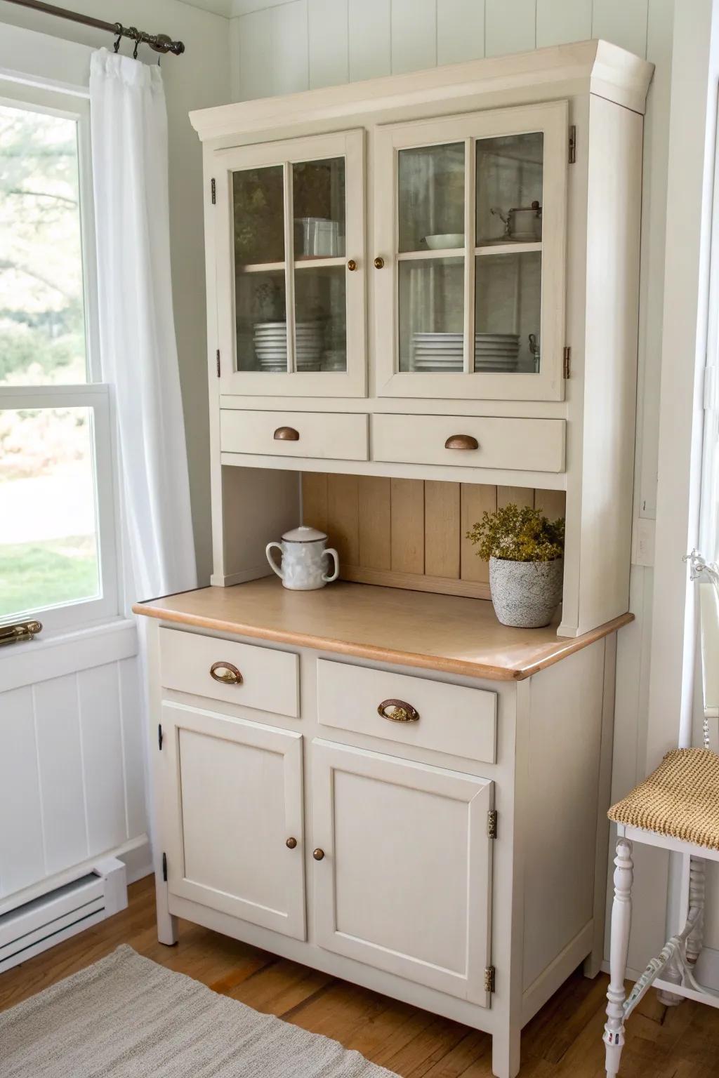 Warm greige Hoosier cabinet makeover—soft, calm neutral that makes glass doors look crisp.