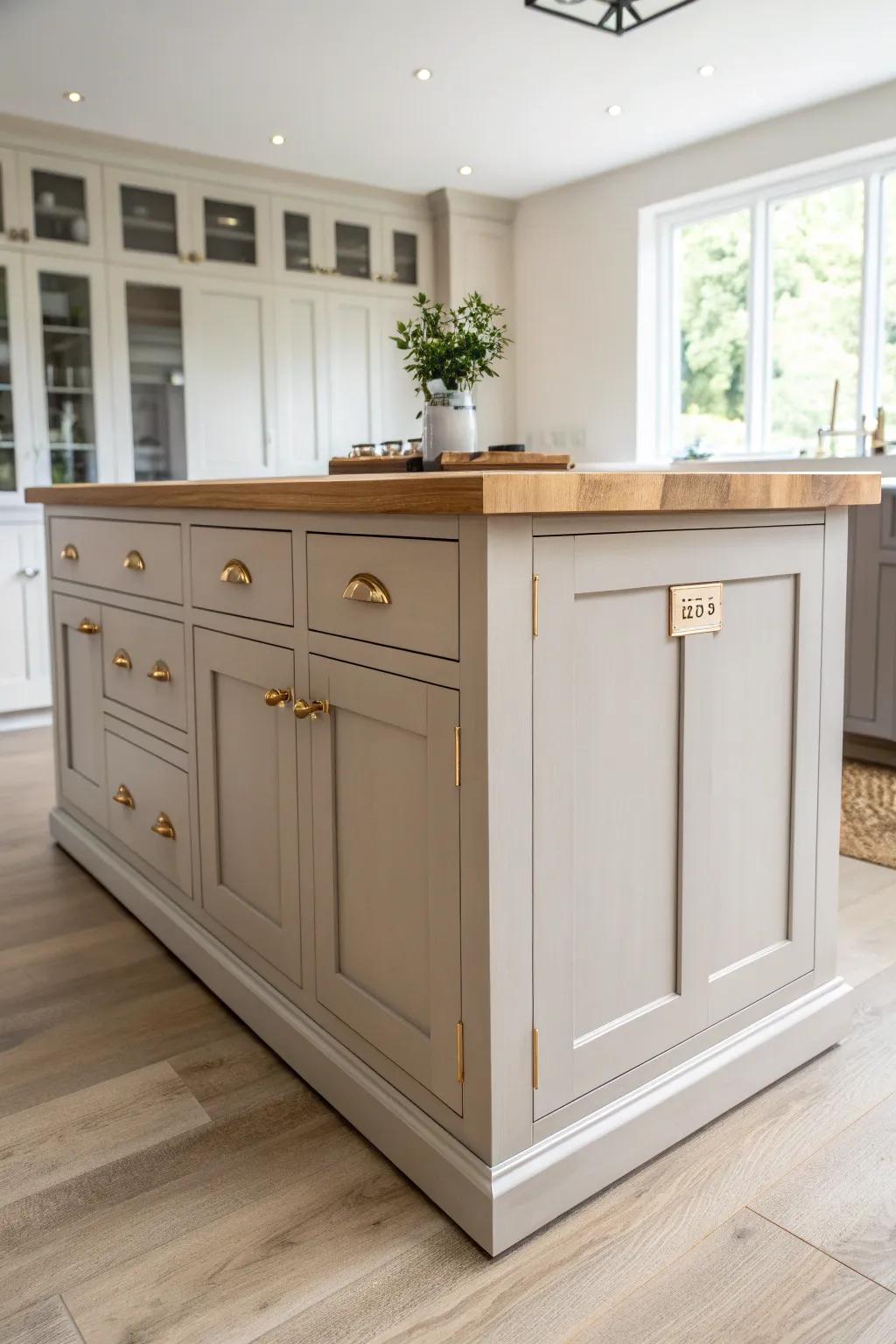 Warm greige island + oak top: a calm two-tone upgrade that adds depth without visual clutter.