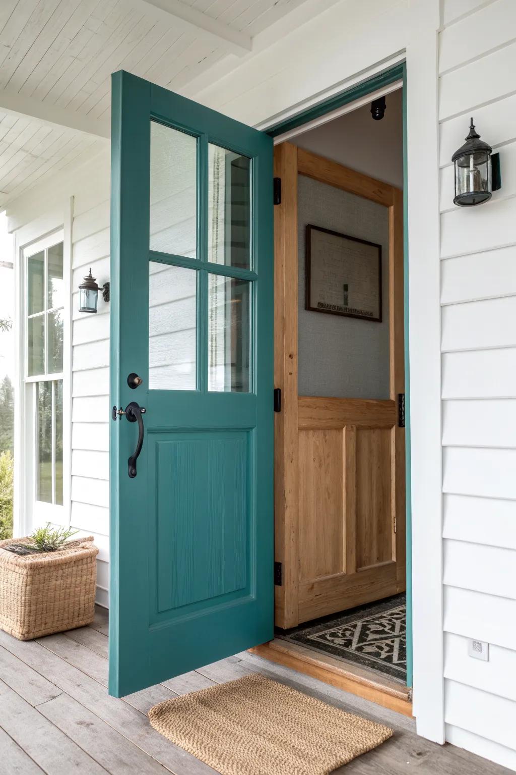 Matte teal screen door with sleek black hardware—an instant, cheerful entryway upgrade.