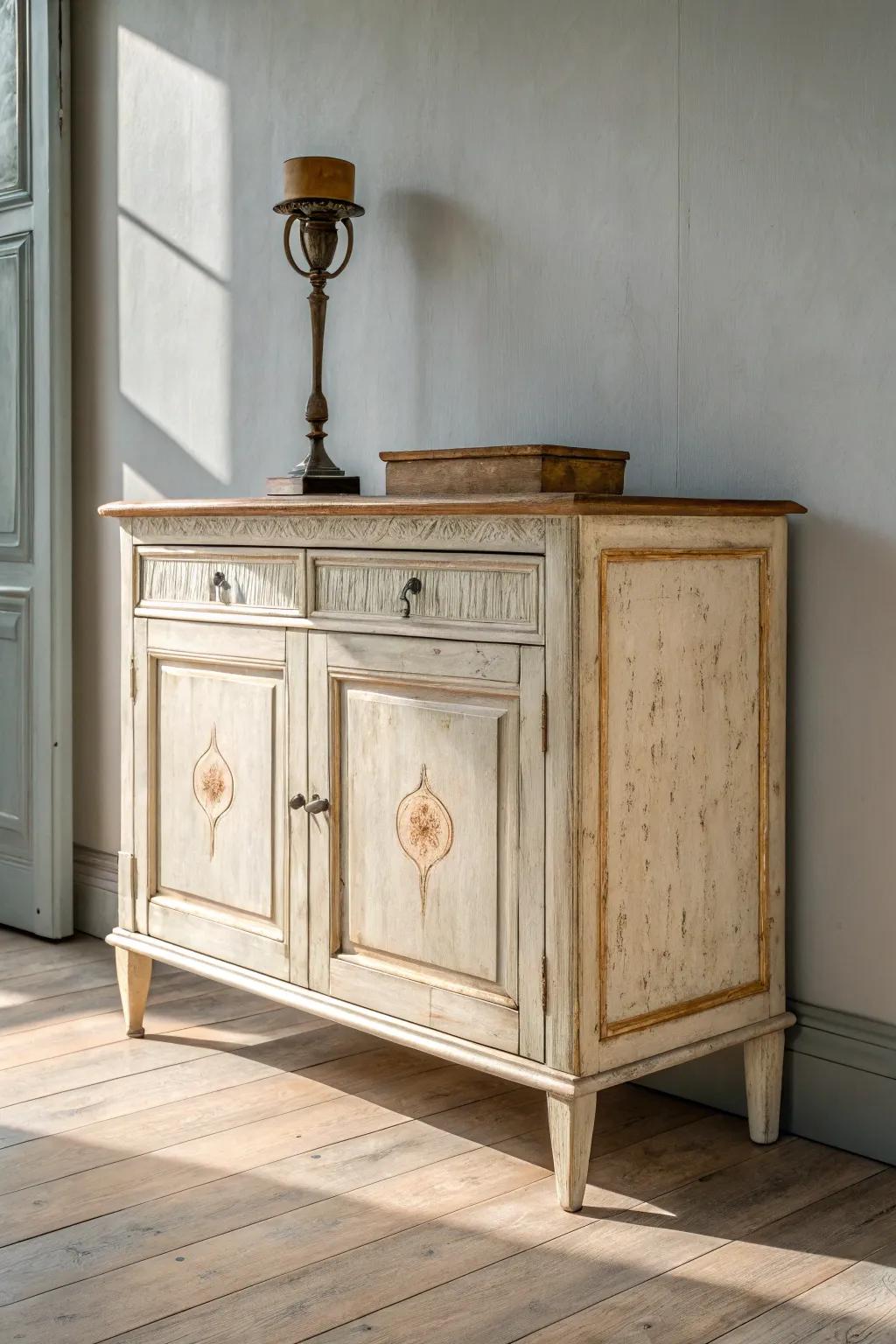 Antiqued cream sideboard with warm glaze—bright, airy, and heirloom-soft with artisan charm.