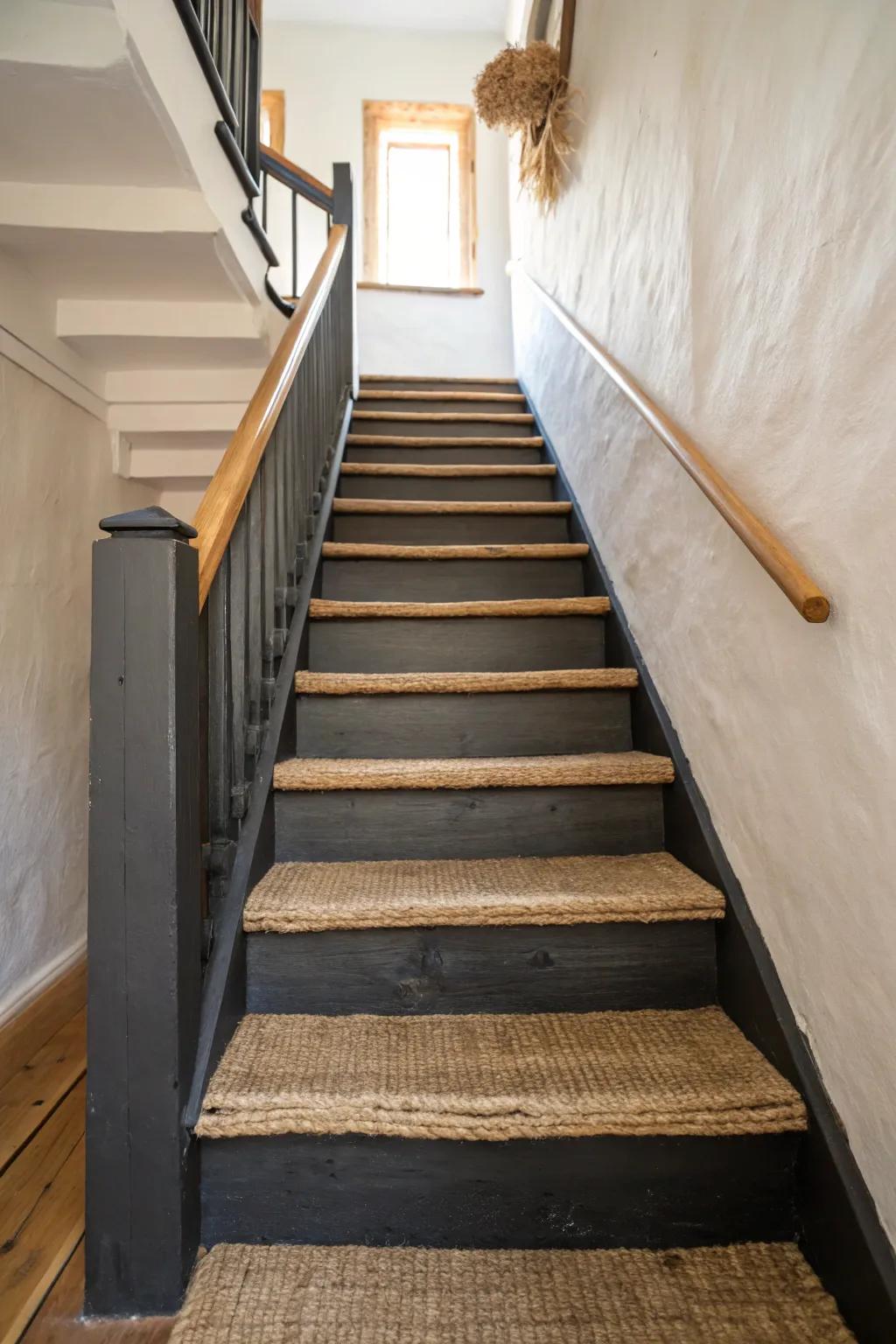 Dark painted stairs against pale walls—minimal, dramatic, and effortlessly grounded.