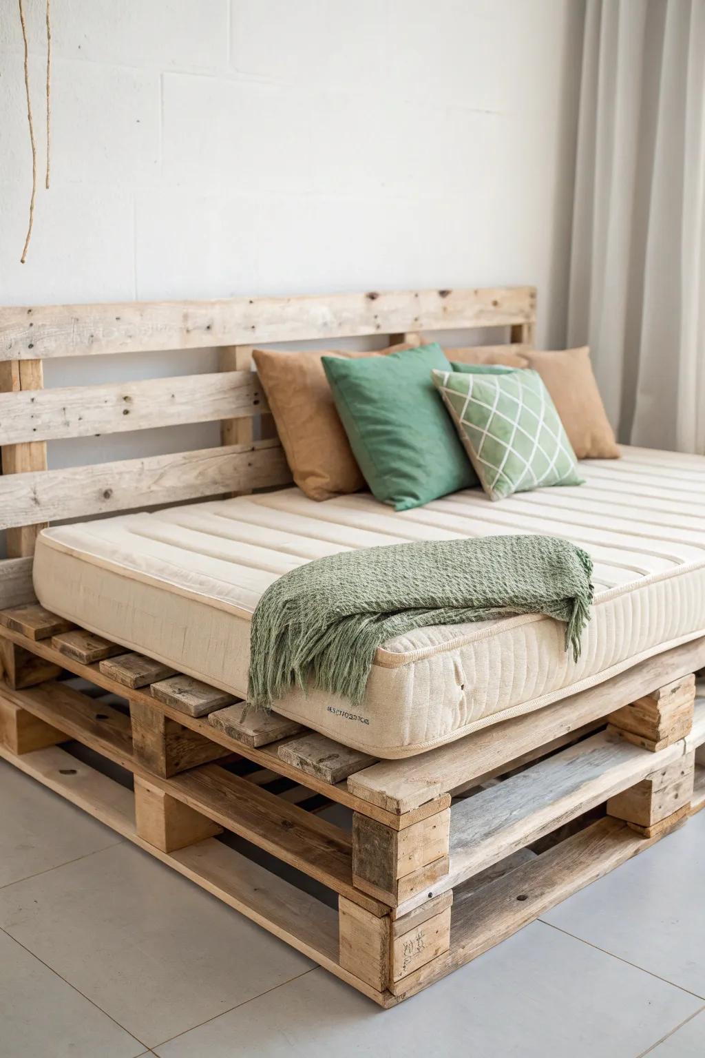Pallet daybed with a simple backrest—perfect for pillows, lounging, and small spaces.