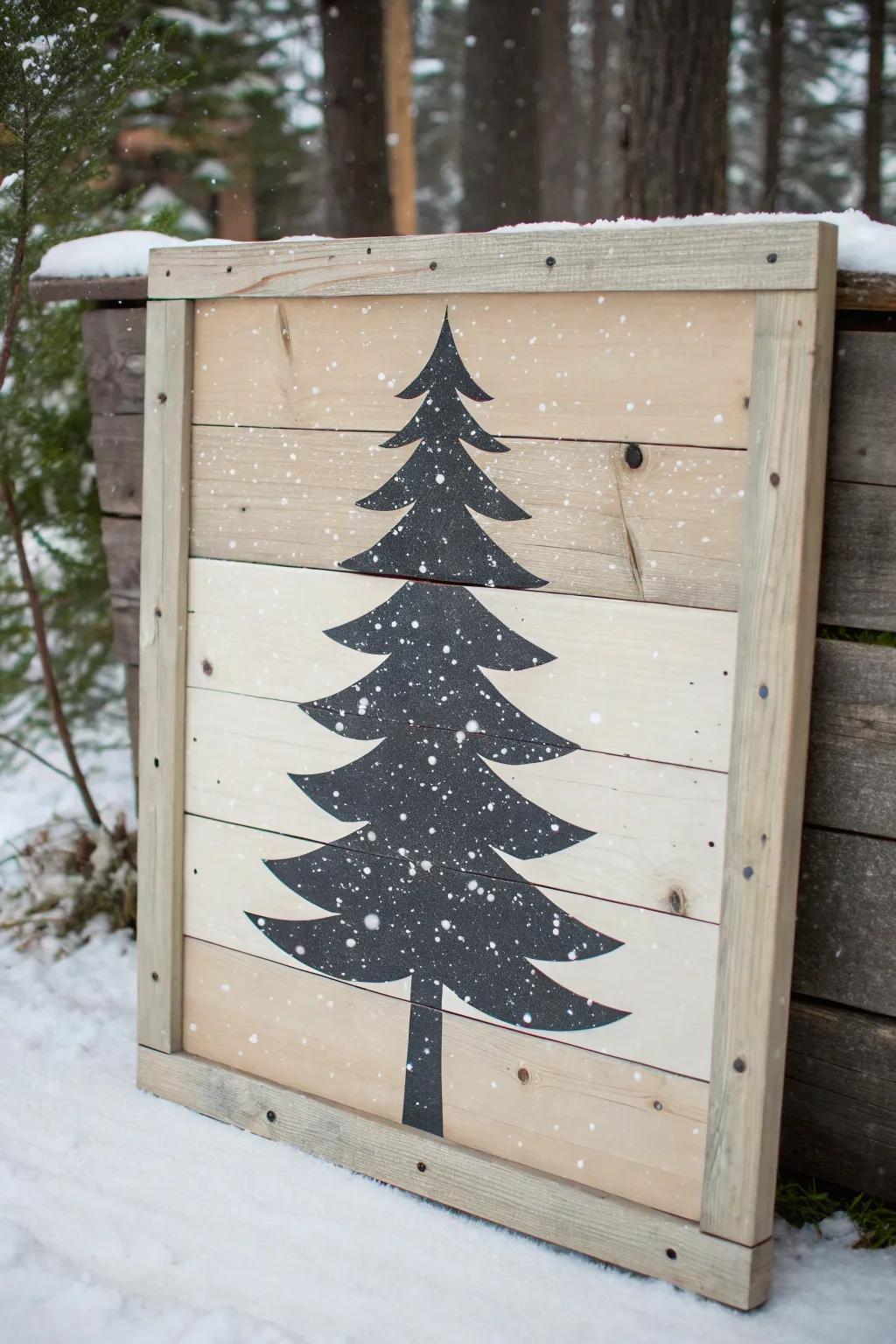 Pale pallet + dark evergreen silhouette with soft white splatter for an easy winter “snow” effect.