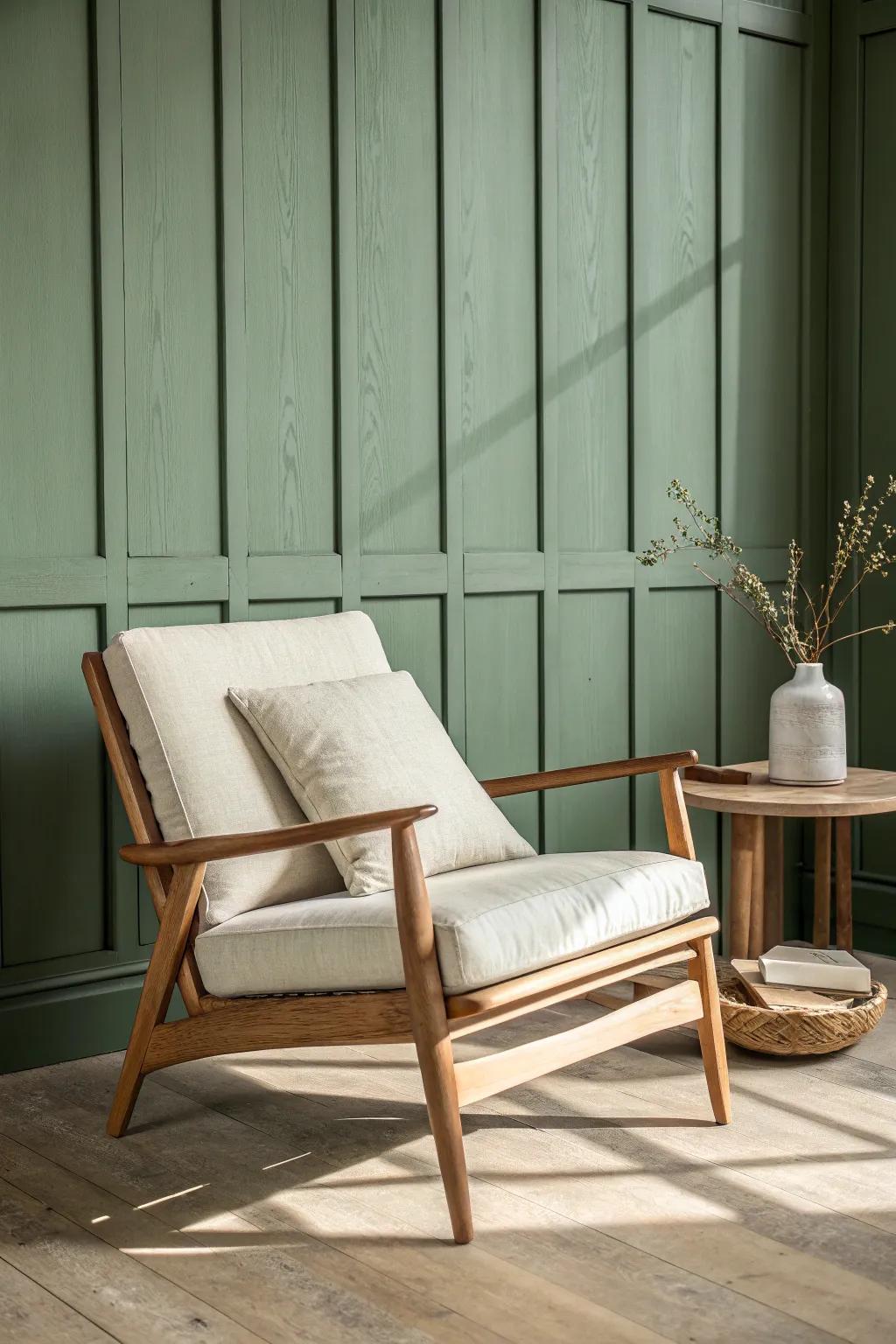 Sage green paneling & pale oak craftsmanship—an earthy corner that feels instantly serene.