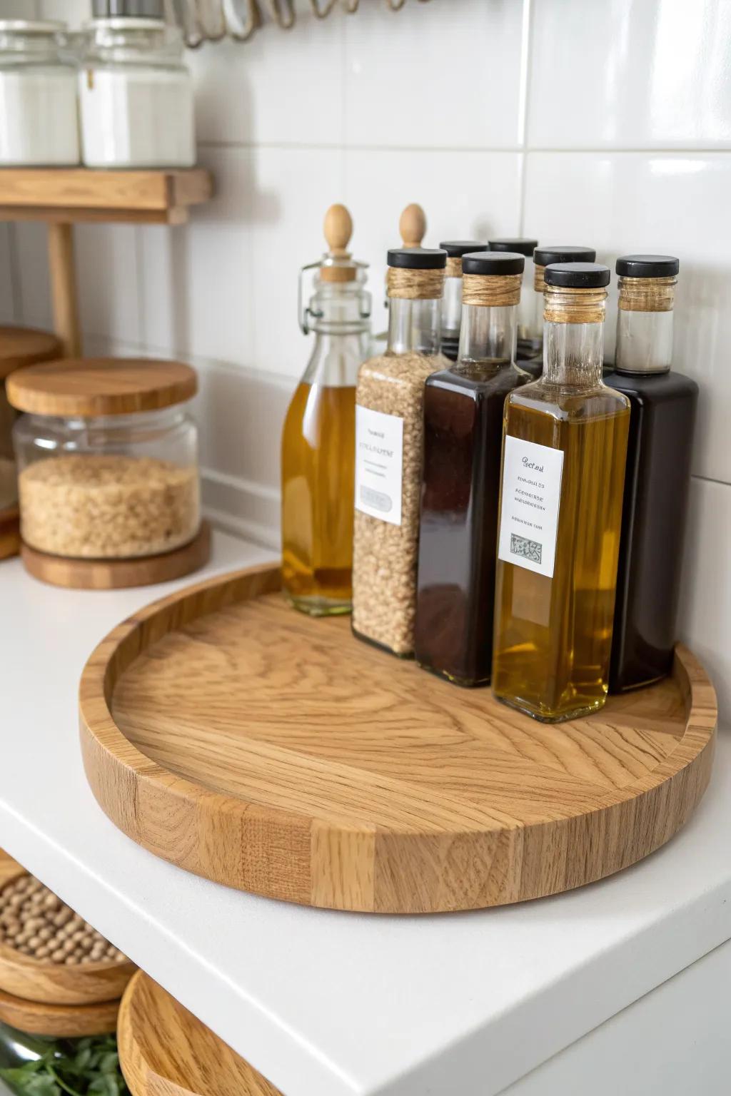 A handcrafted wooden lazy Susan keeps oils and sauces tidy, upright, and easy to grab.