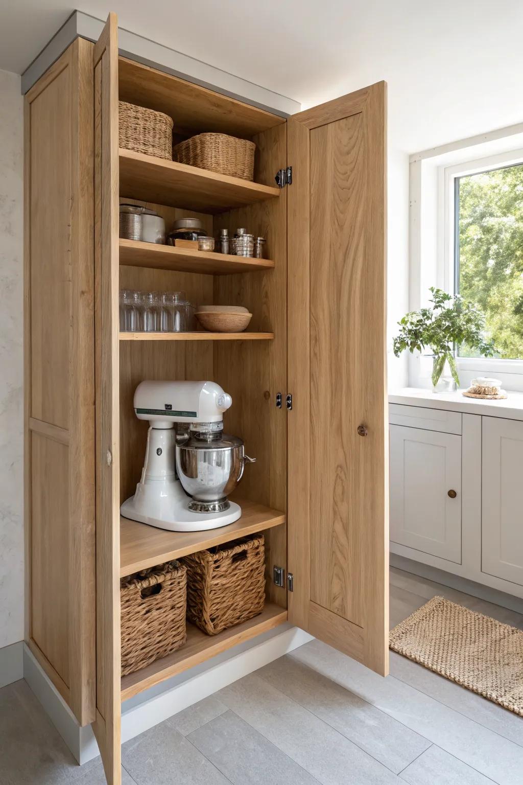 Reserve a tall 18–20″ appliance bay to keep mixers and blenders off the counter.