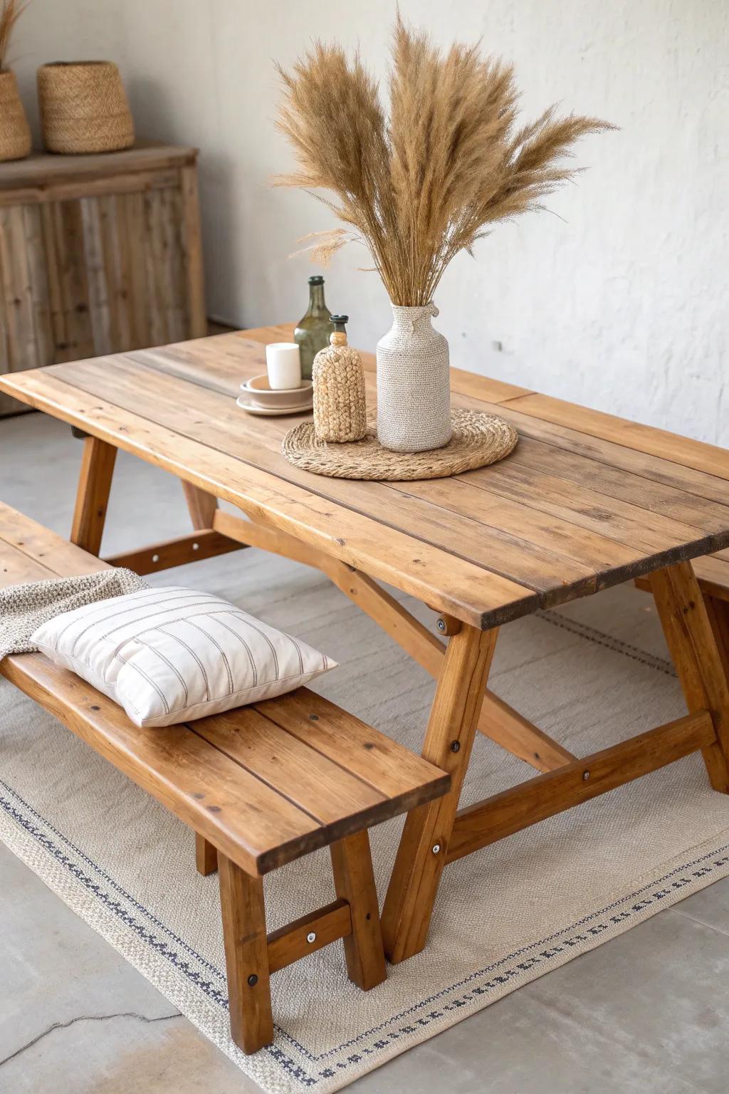 A low reclaimed-wood picnic table + soft floor cushions for cozy, elevated party seating.