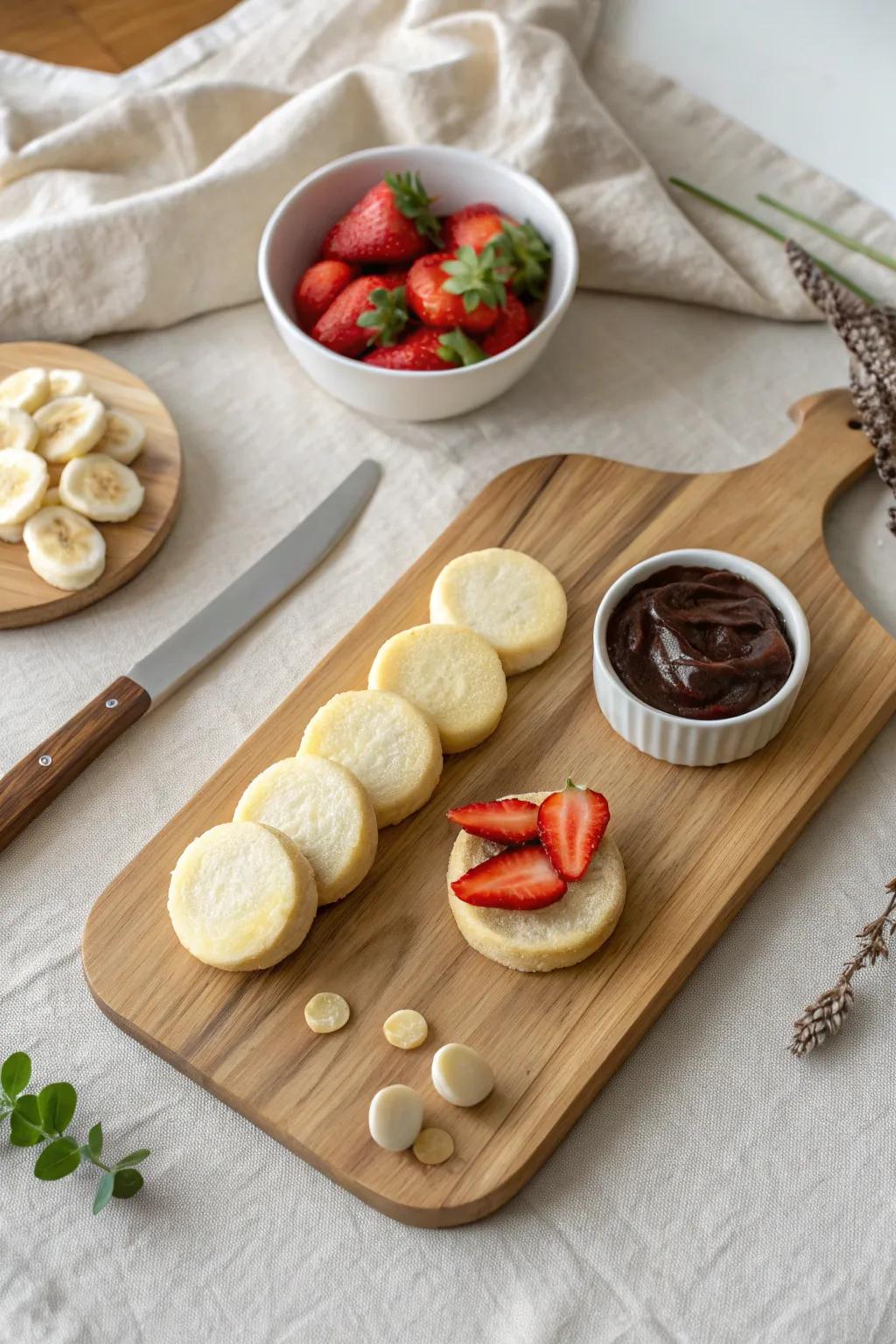 Plain pastries + warm chocolate dip, finished with strawberries and banana coins—simple and chic.