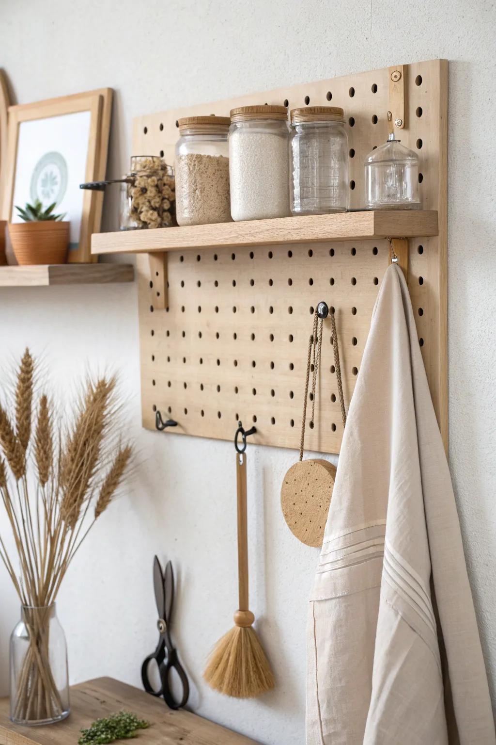 Floating shelf + pegboard: style jars up top and keep your most-used tools hanging below.