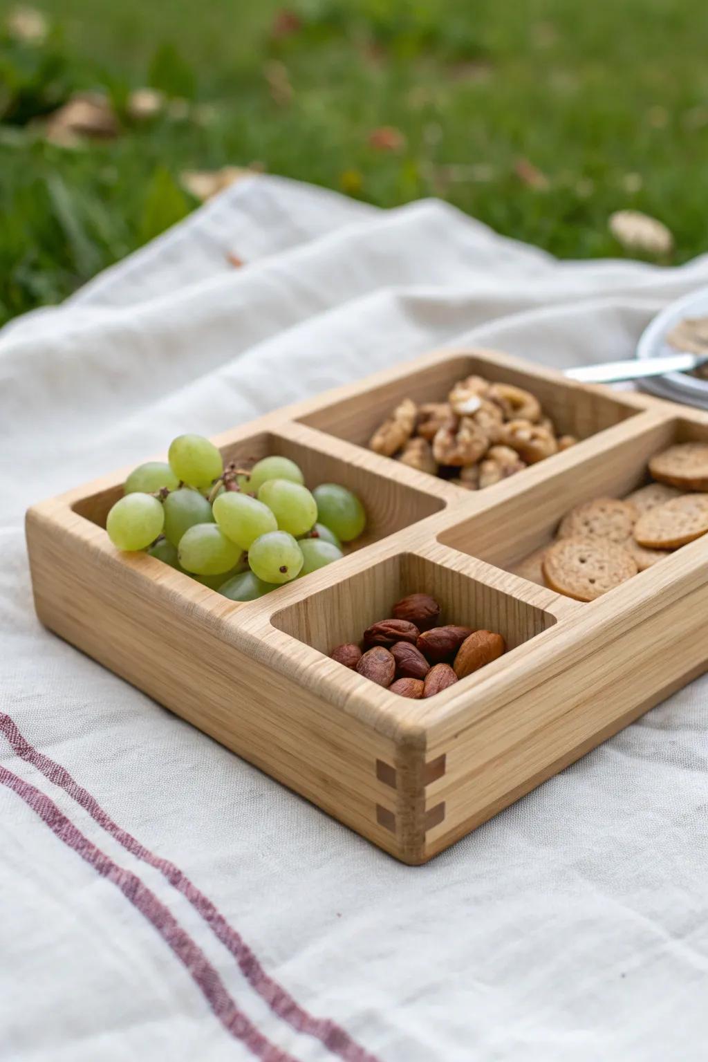 DIY bento-style compartment board—pretty, practical, and perfect for a picnic charcuterie spread.