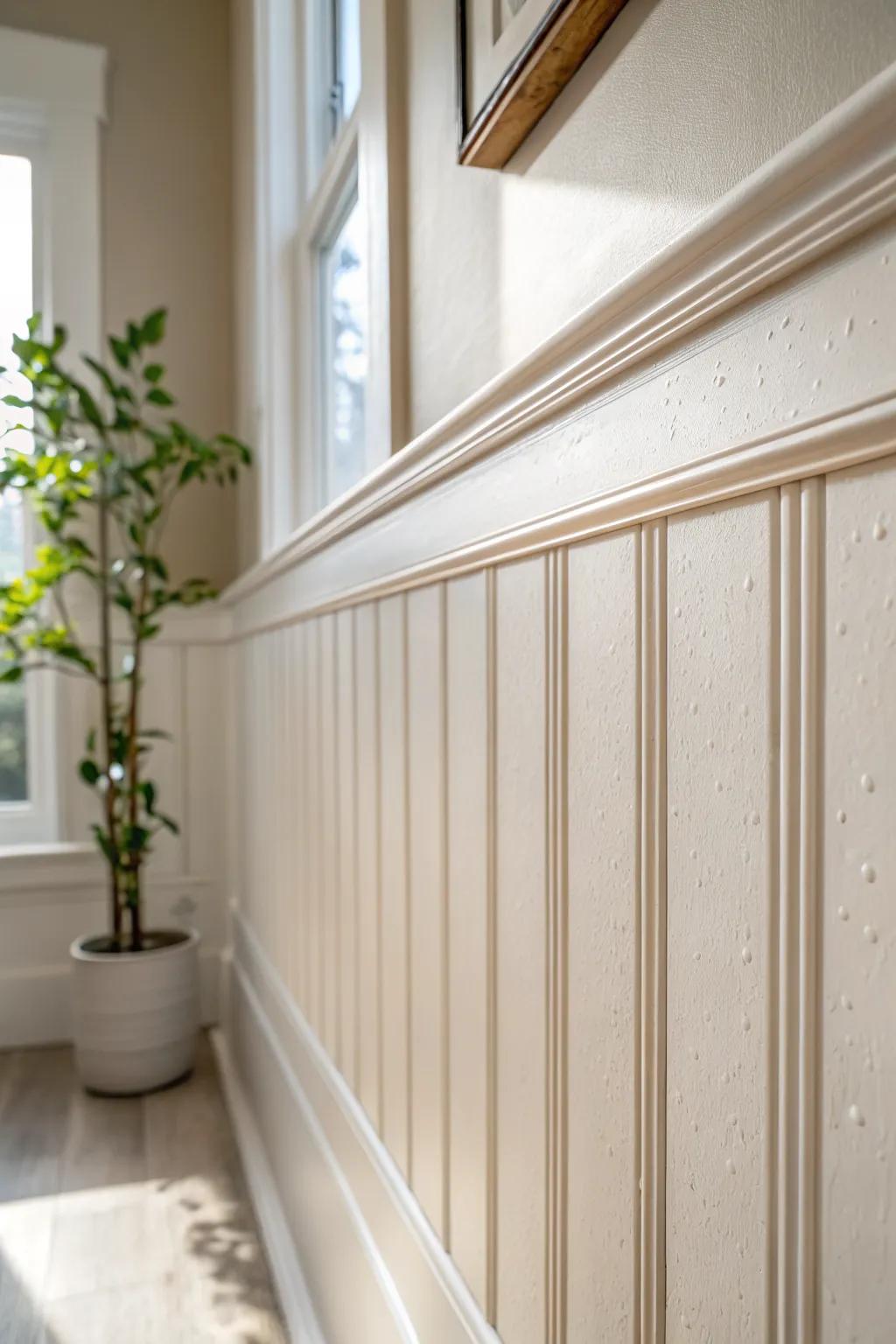 Slim picture-frame wainscoting adds charm to small baths—durable satin finish for splashes.