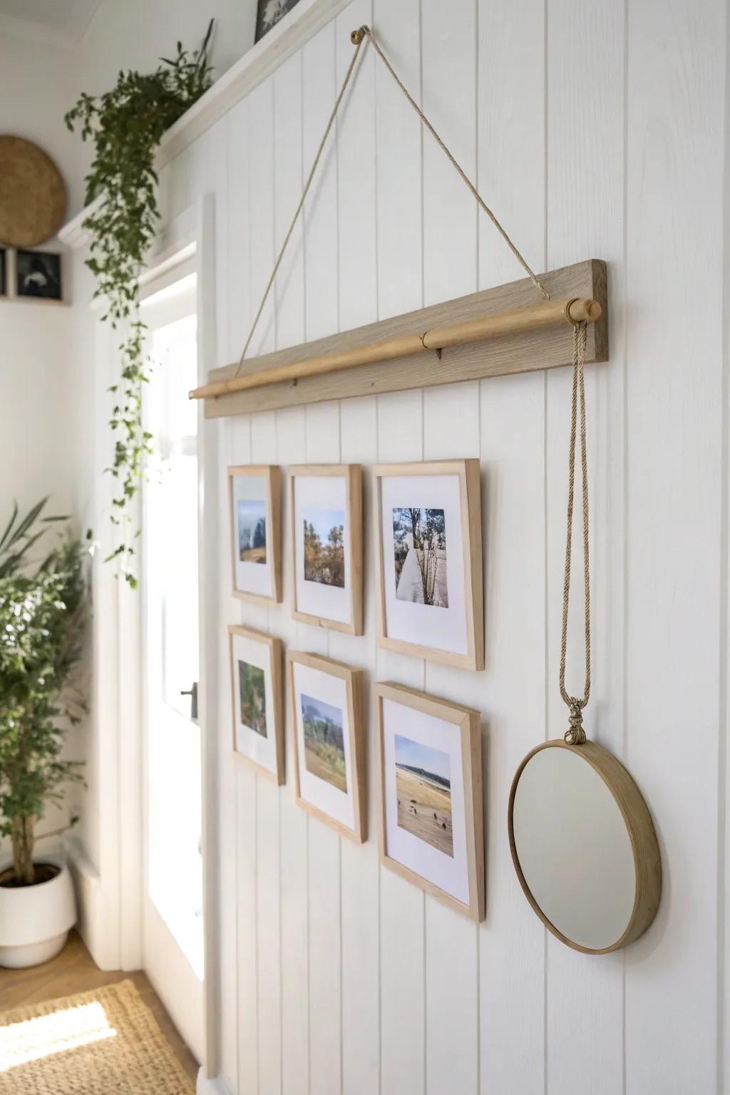 A light oak picture rail turns a narrow entryway into a mini gallery—simple, warm, intentional.