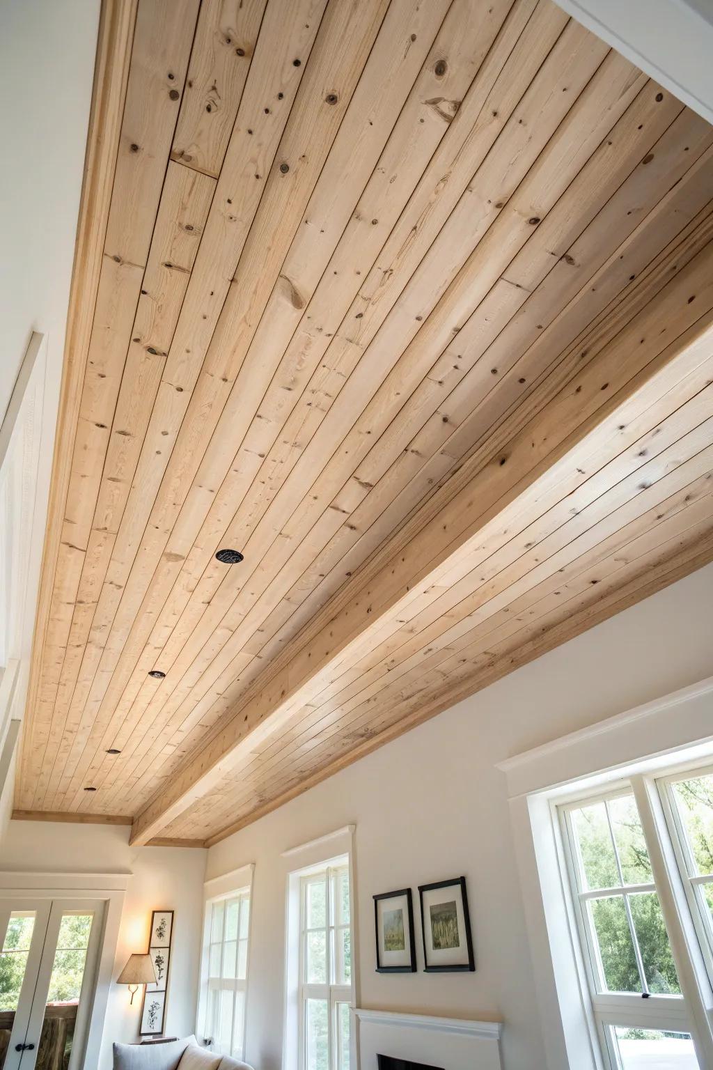 Wide-plank pine ceiling warmth—modern farmhouse calm with beautifully spaced knots.