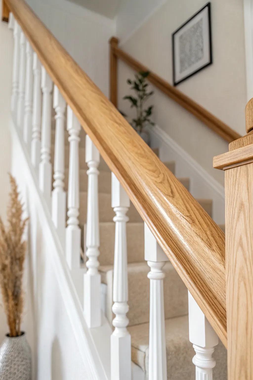 Crisp white balusters and a warm pine handrail—an easy upgrade that instantly modernizes stairs.