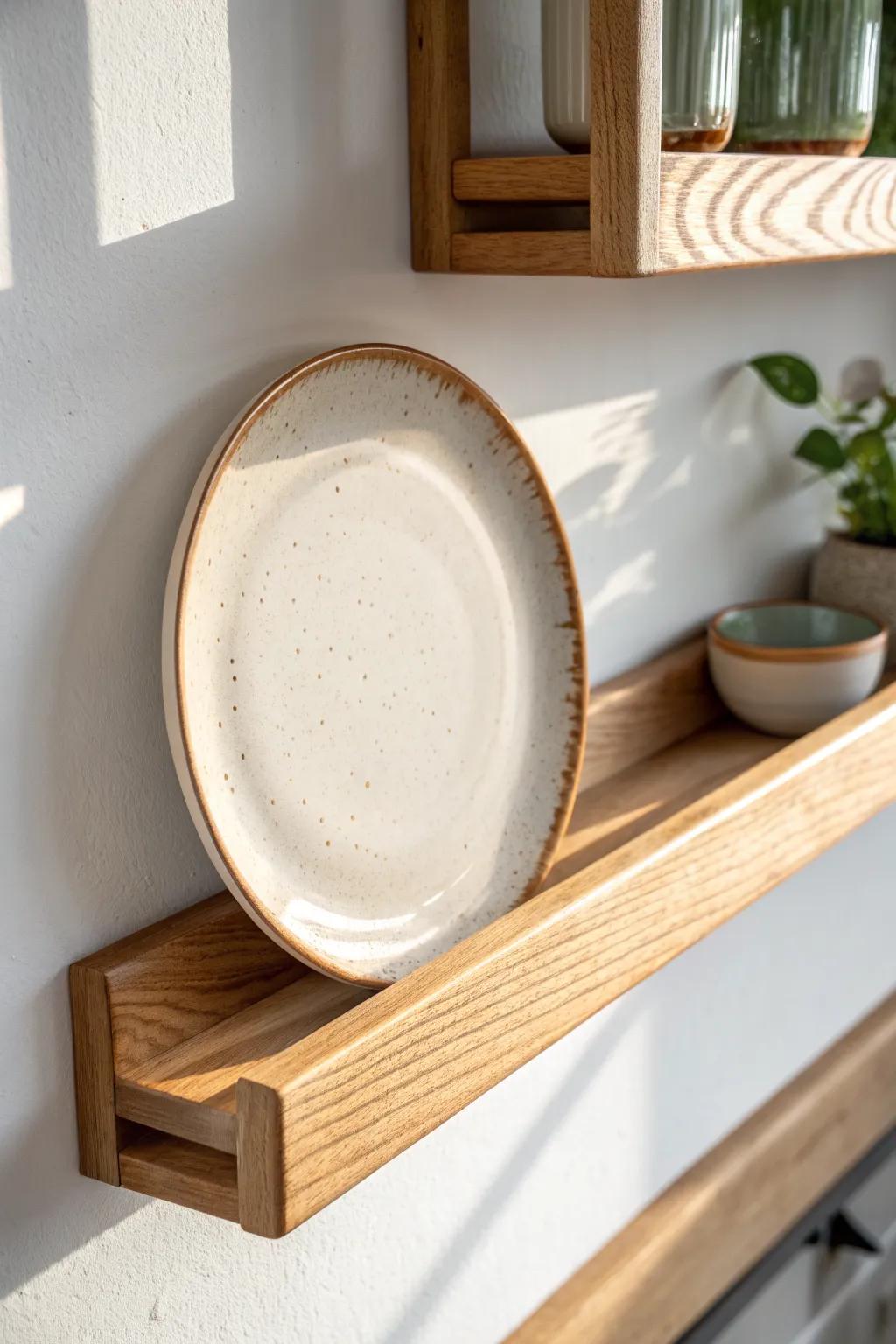 Minimal floating oak plate rack with routed groove—clean lines that let your dishware shine.