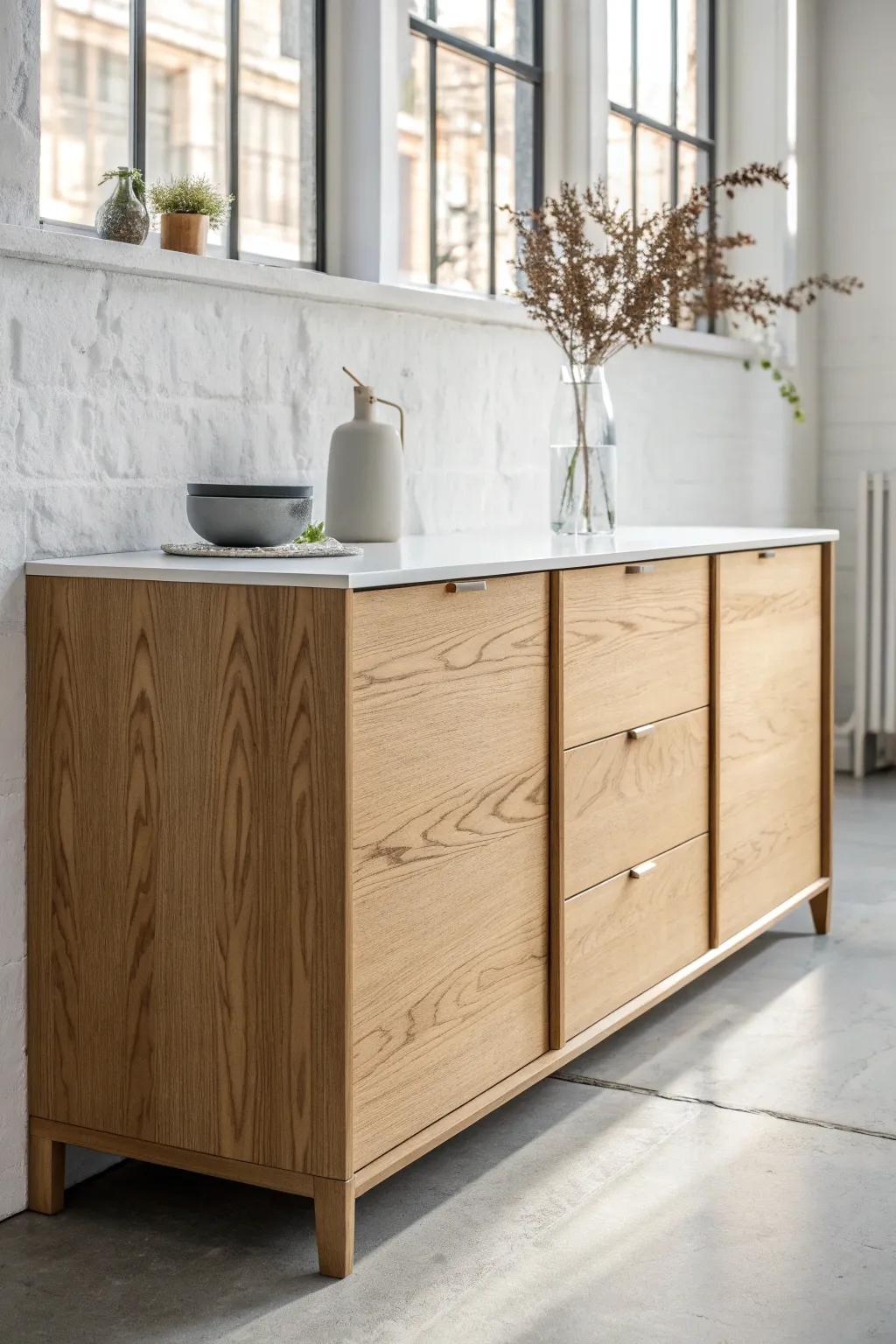 Warm plywood cabinetry meets a crisp white countertop for a bright, cozy Scandinavian kitchen.