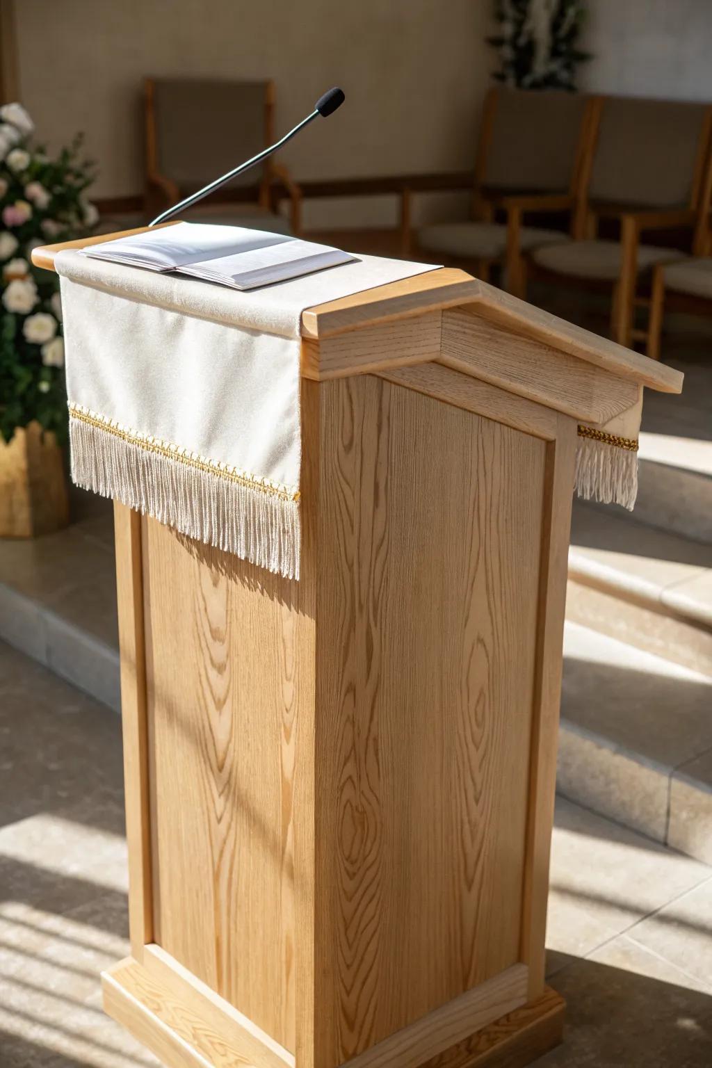 Ivory ribbon fringe crowns a light-oak podium, adding soft motion and sunlit sparkle.