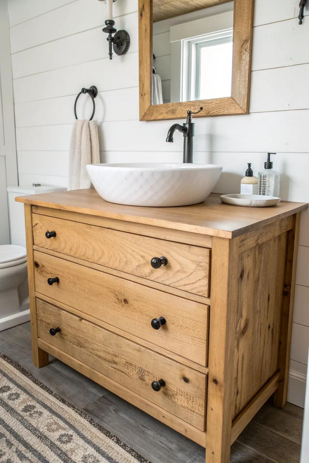 Upcycled dresser vanity with a sealed wood top—beautiful storage for a pole barn bathroom.